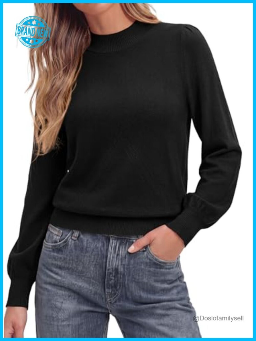 Womens Mock Neck Long Sleeve Knit Pullover Sweater Lantern Sleeve